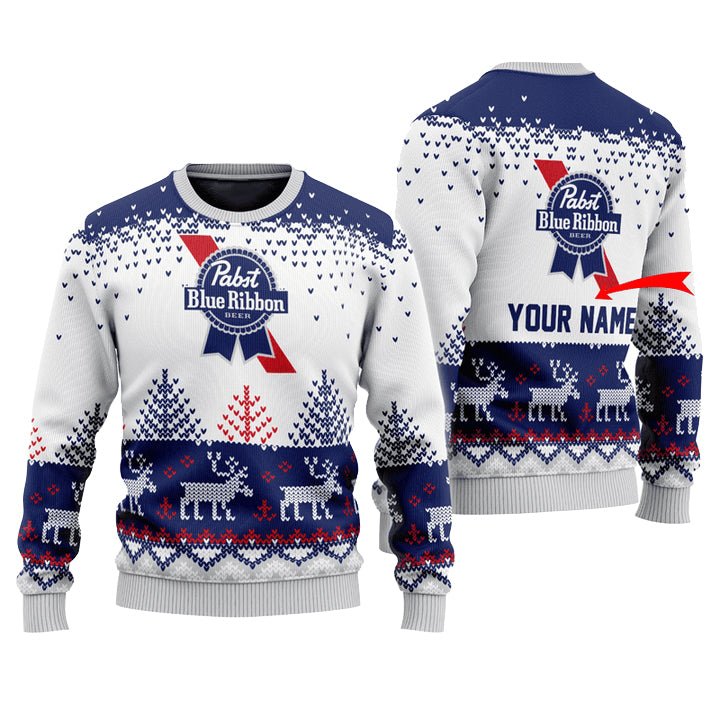 Personalized Pabst Blue Ribbon Reindeer Christmas Ugly Sweater - WeCustomit