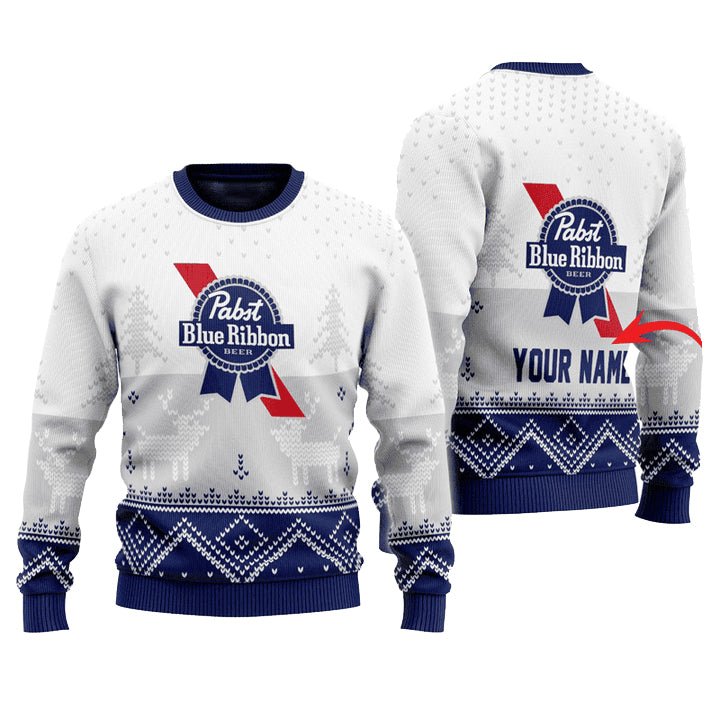 Personalized Pabst Blue Ribbon Winter Reindeer Ugly Sweater - WeCustomit