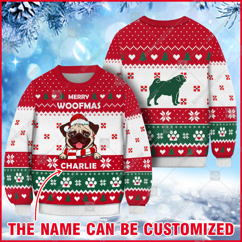 Pug Dog Christmas Paw Heart Print Ugly Sweater Christmas Knitted Print Sweatshirt - Personalized Custom - Best Gift For Christmas, Noel - WeCustomit