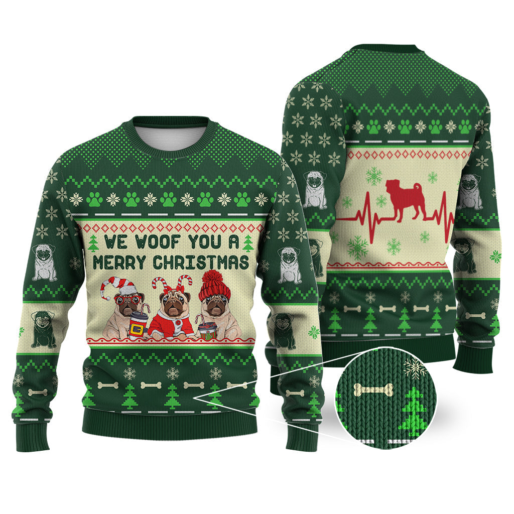 Pug Dog We Woof You A Merry Christmas Sweater Christmas Knitted Print Sweatshirt - Best Gift For Christmas, Noel - WeCustomit