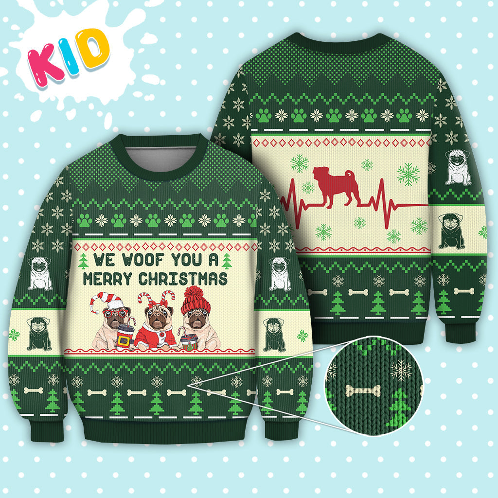 Pug Dog We Woof You A Merry Christmas Sweater Christmas Knitted Print Sweatshirt - Best Gift For Christmas, Noel - WeCustomit