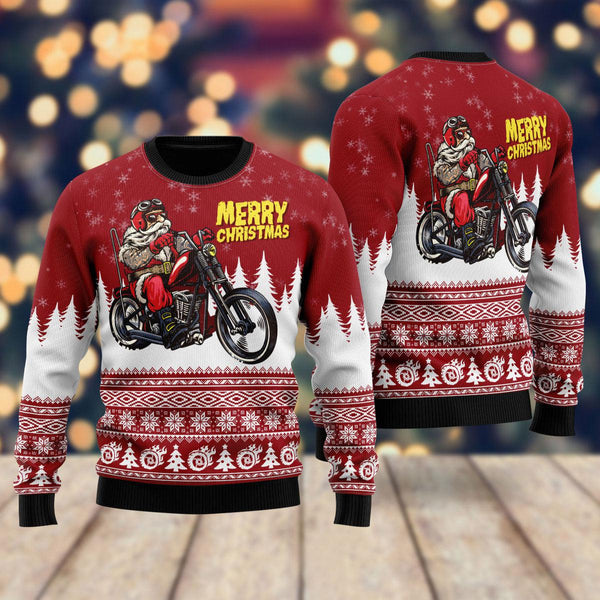 Santa Riding Motorbike To Holiday Ugly Christmas Sweater For Men & Women Christmas Gift Sweater US2238 - WeCustomit