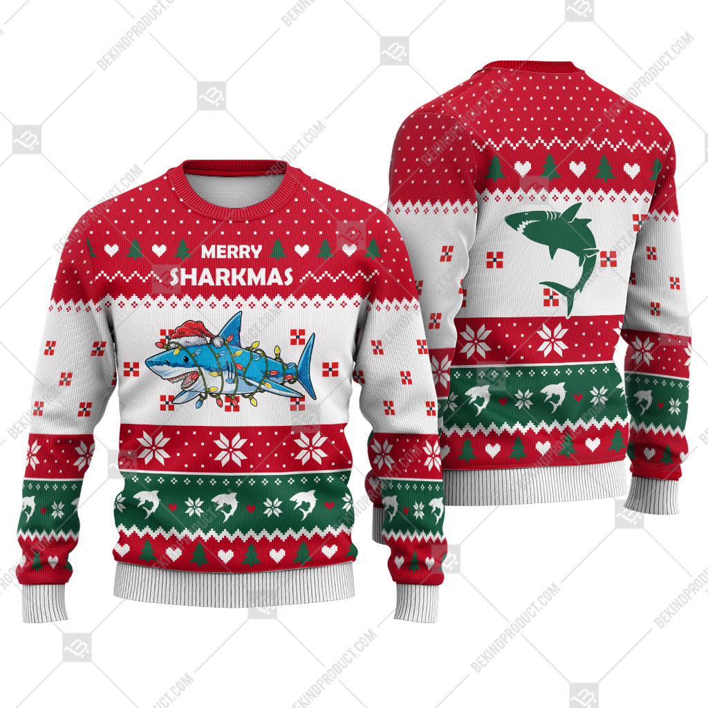 Shark Christmas Heart Print Ugly Christmas Sweater Print Sweatshirt - Best Gift For Christmas, Noel - WeCustomit