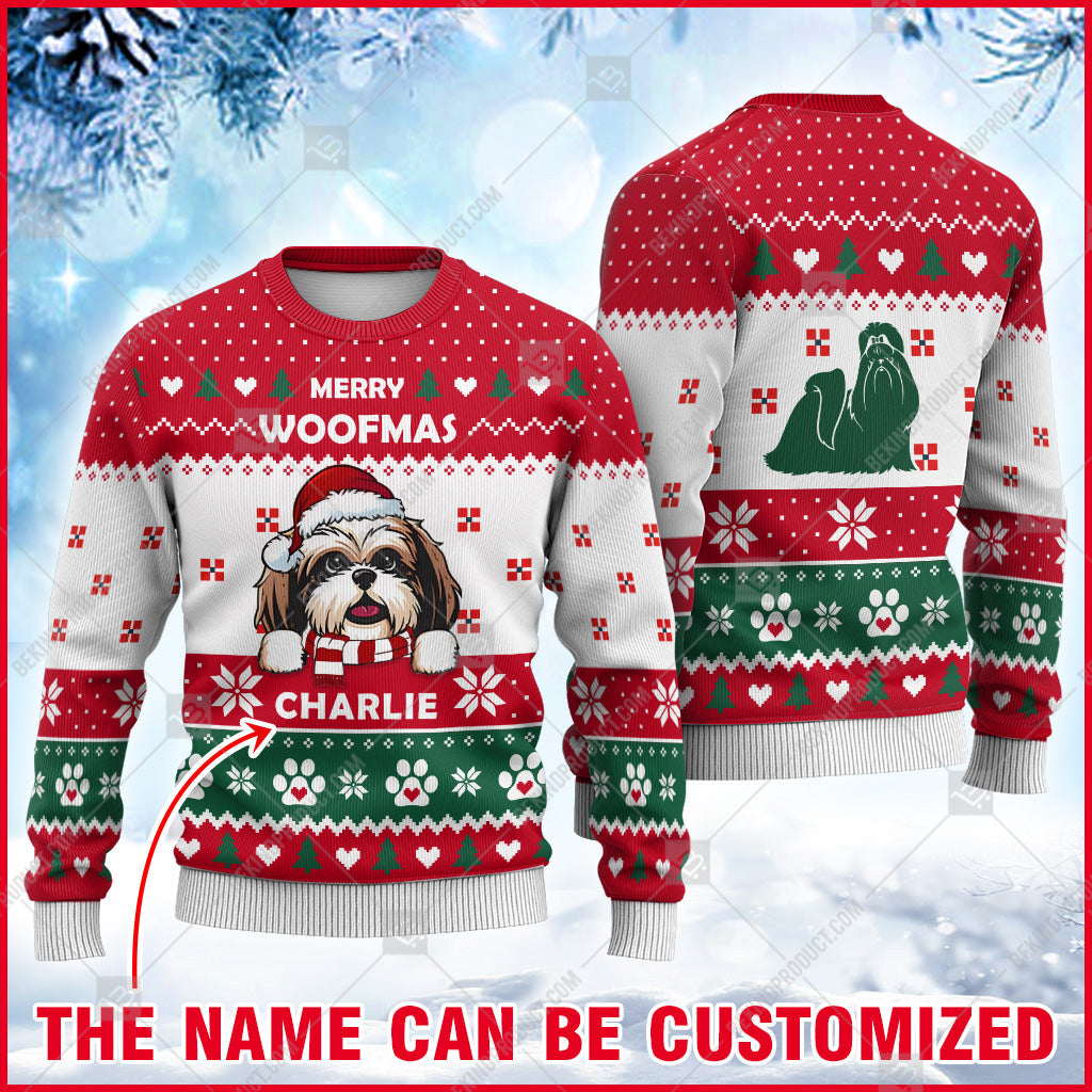 Shih Tzu Dog Christmas Paw Heart Print Ugly Sweater Christmas Knitted Print Sweatshirt - Personalized Custom - Best Gift For Christmas, Noel - WeCustomit