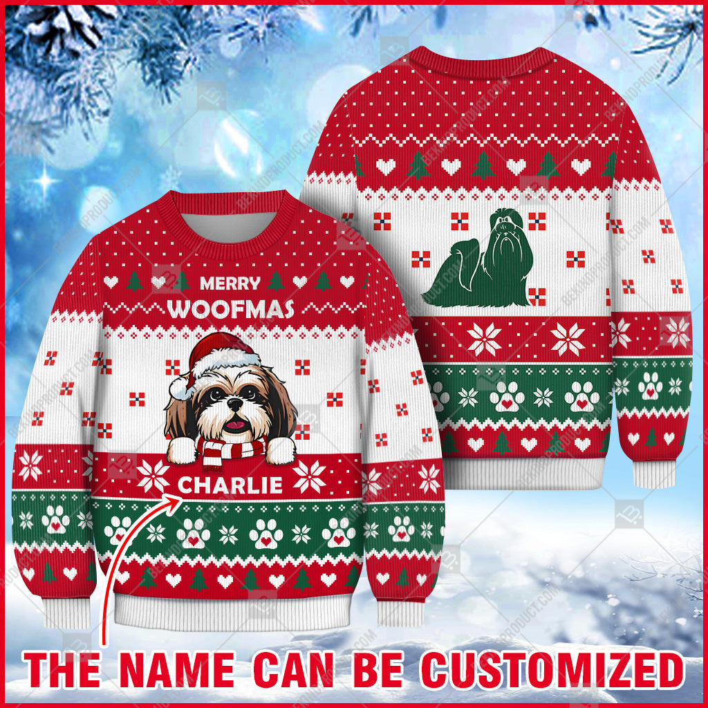 Shih Tzu Dog Christmas Paw Heart Print Ugly Sweater Christmas Knitted Print Sweatshirt - Personalized Custom - Best Gift For Christmas, Noel - WeCustomit