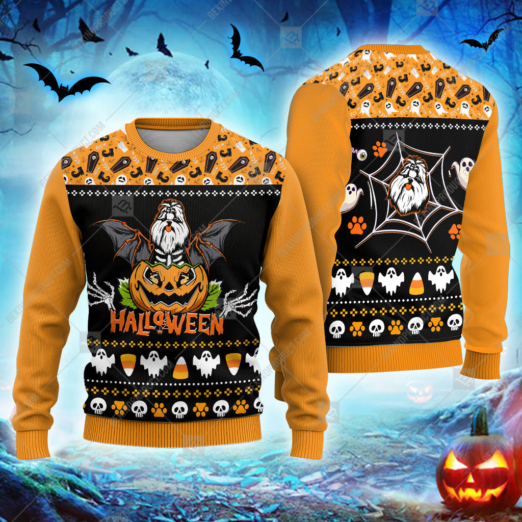 Shih Tzu Sweatshirt Skeleton Halloween Sweater - Knitted Sweater Print Fashion Sweatshirt For Everyone - WeCustomit