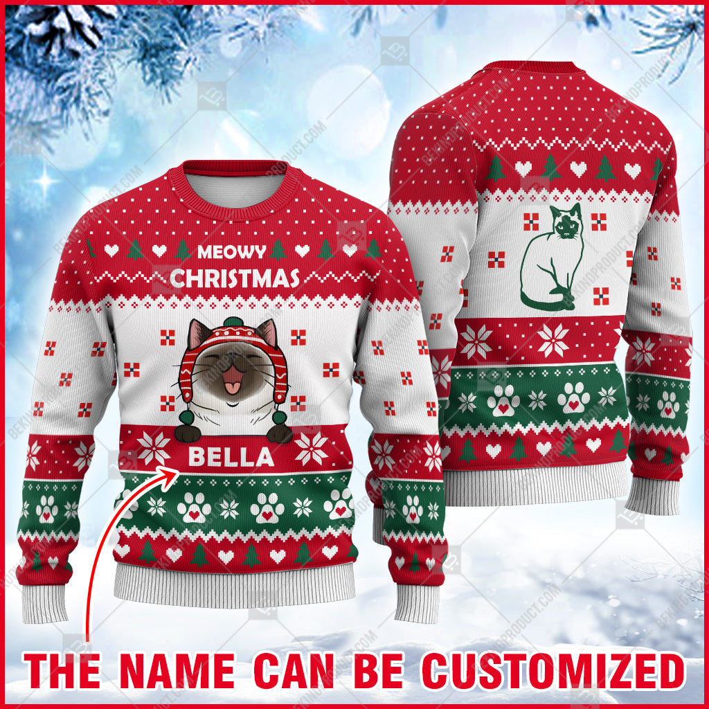 Siamese Cat Christmas Paw Heart Print Ugly Sweater Christmas Knitted Print Sweatshirt - Personalized Custom - Best Gift For Christmas, Noel - WeCustomit
