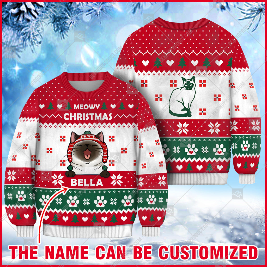 Siamese Cat Christmas Paw Heart Print Ugly Sweater Christmas Knitted Print Sweatshirt - Personalized Custom - Best Gift For Christmas, Noel - WeCustomit