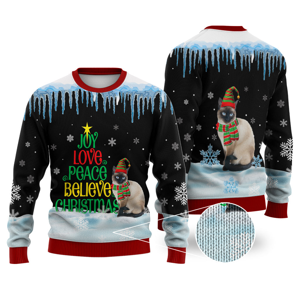 Siamese Cat Joy Love Peace Believe Christmas Sweater Christmas Knitted Print Sweatshirt - Best Gift For Christmas, Noel - WeCustomit