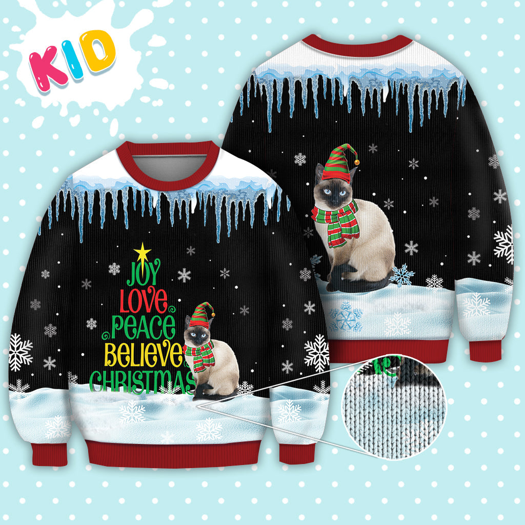 Siamese Cat Joy Love Peace Believe Christmas Sweater Christmas Knitted Print Sweatshirt - Best Gift For Christmas, Noel - WeCustomit
