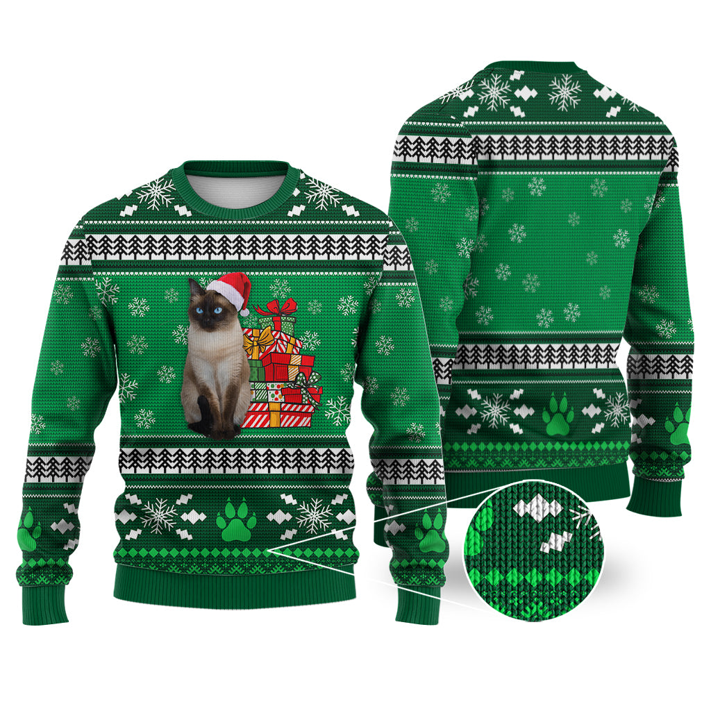 Siamese Cat Pattern Falling Snowflakes Sweater Christmas Knitted Sweater Print Fashion Sweatshirt For Everyone - WeCustomit