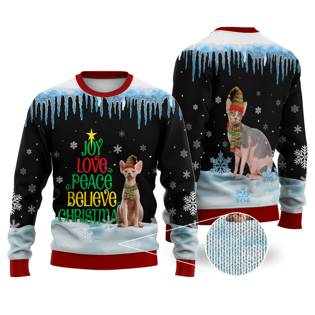 Sphynx Cat Joy Love Peace Believe Christmas Sweater Christmas Knitted Print Sweatshirt - Best Gift For Christmas, Noel - WeCustomit
