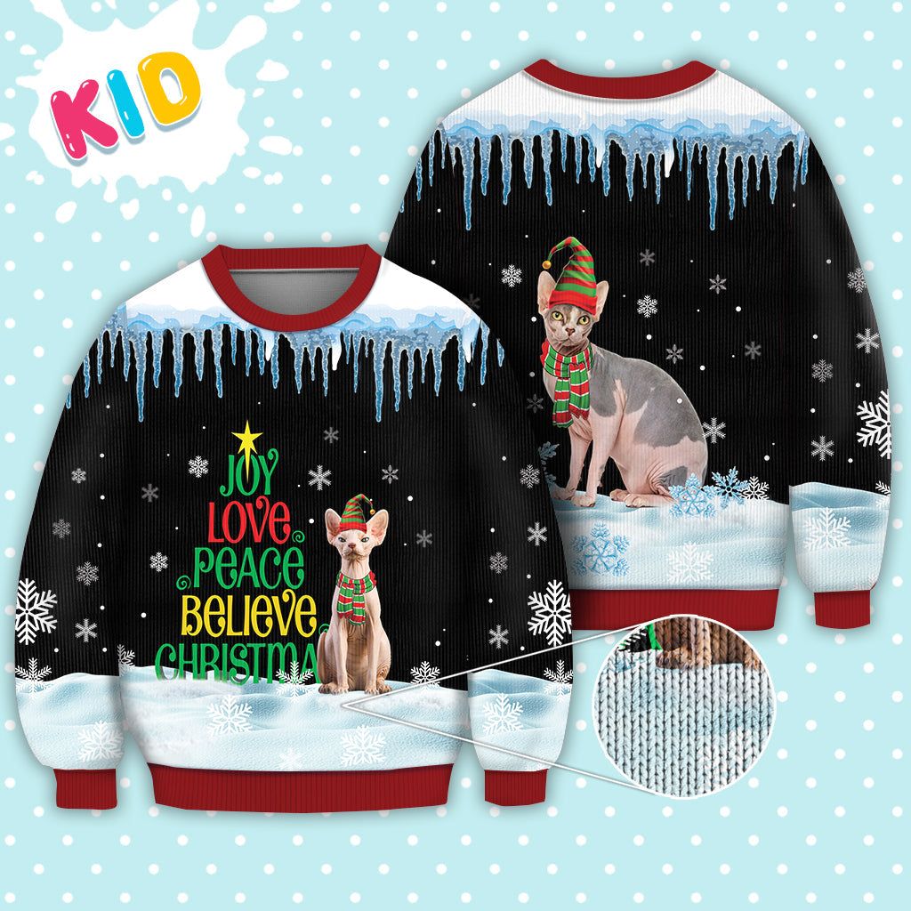 Sphynx Cat Joy Love Peace Believe Christmas Sweater Christmas Knitted Print Sweatshirt - Best Gift For Christmas, Noel - WeCustomit