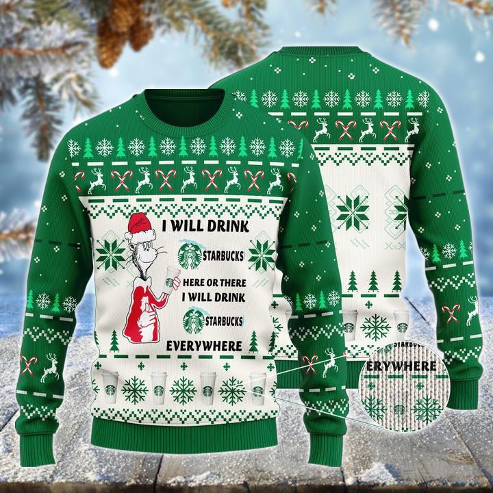 Starbucks Cat Hat Will Drink Everywhere Ugly Sweater - WeCustomit