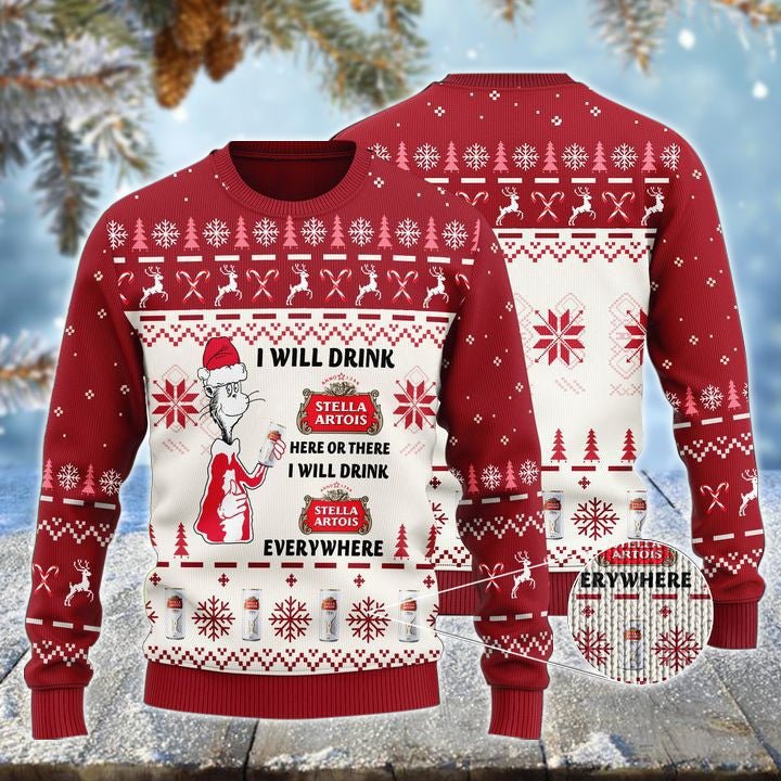 Stella Artois Cat Hat Will Drink Everywhere Ugly Sweater - WeCustomit