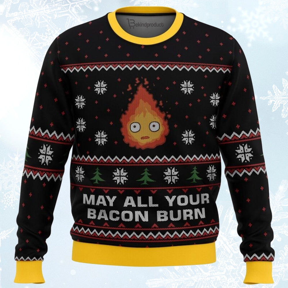 Studio Ghibli May All Your Bacon Burn Calcifer Ugly Christmas Sweater For Men & Women Christmas Gift Sweater BH085 - WeCustomit