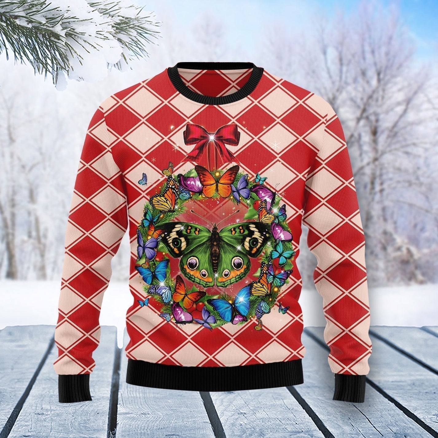 Butterfly Wreath Christmas Ugly Christmas Sweater For Men & Women Christmas Gift Sweater US3381 - WeCustomit