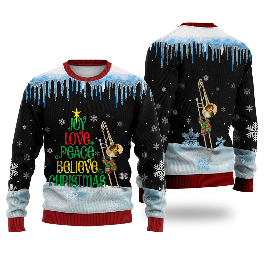 Trombone Joy Love Peace Believe Christmas Sweater Christmas Knitted Print Sweatshirt - Best Gift For Christmas, Noel - WeCustomit