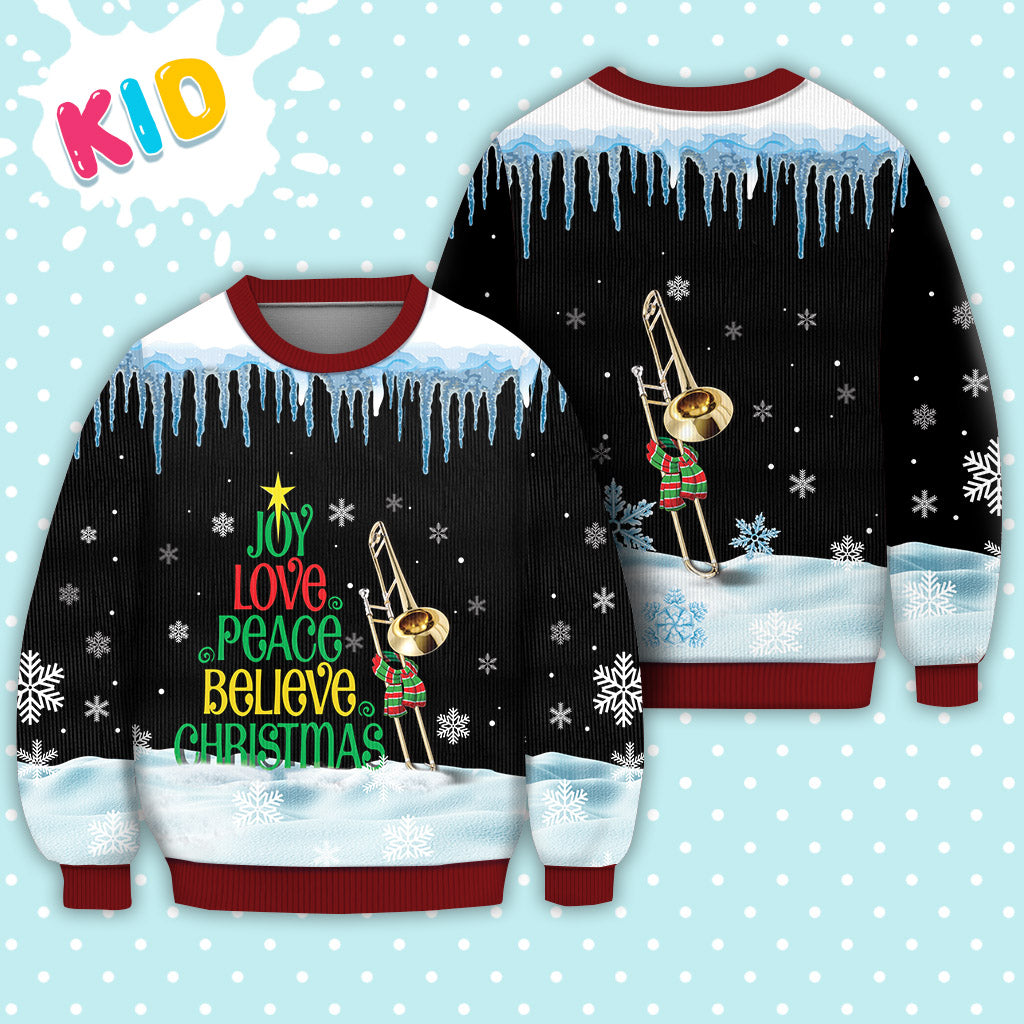 Trombone Joy Love Peace Believe Christmas Sweater Christmas Knitted Print Sweatshirt - Best Gift For Christmas, Noel - WeCustomit