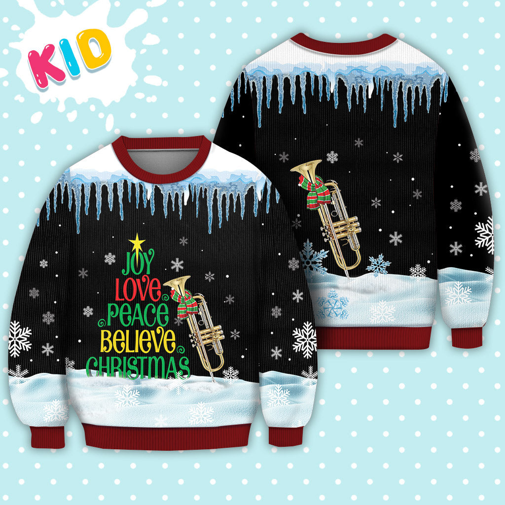 Trumpet Joy Love Peace Believe Christmas Sweater Christmas Knitted Print Sweatshirt - Best Gift For Christmas, Noel - WeCustomit