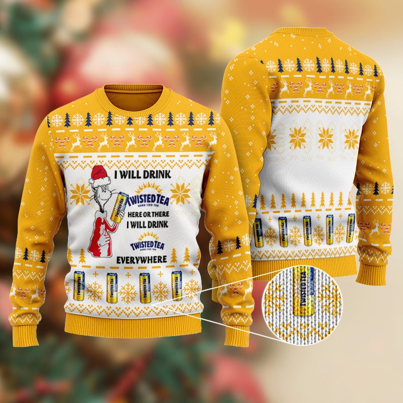 Twisted Tea Cat Hat Will Drink Everywhere Ugly Sweater - WeCustomit