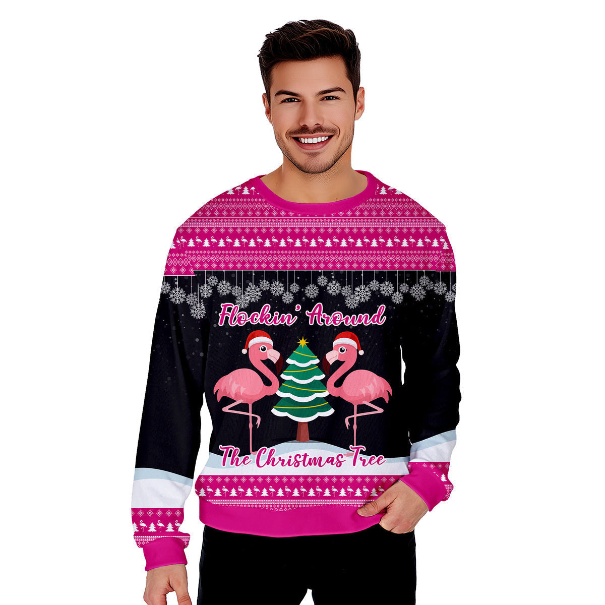 Flocking Around Flamingo Funny Ugly Christmas Sweater - WeCustomit