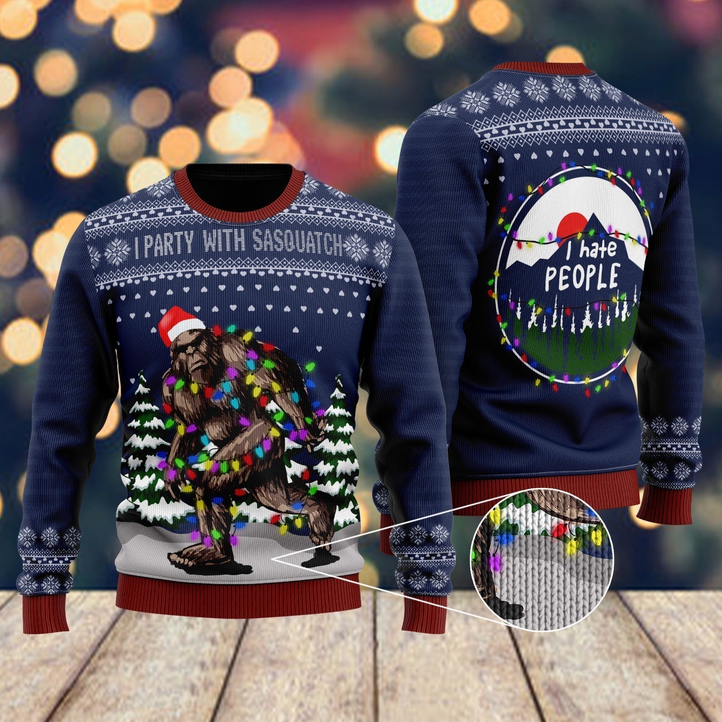 Bigfoot Christmas I Party With Sasquatch Camping Knitting Pattern Christmas Ugly Christmas Sweater - WeCustomit