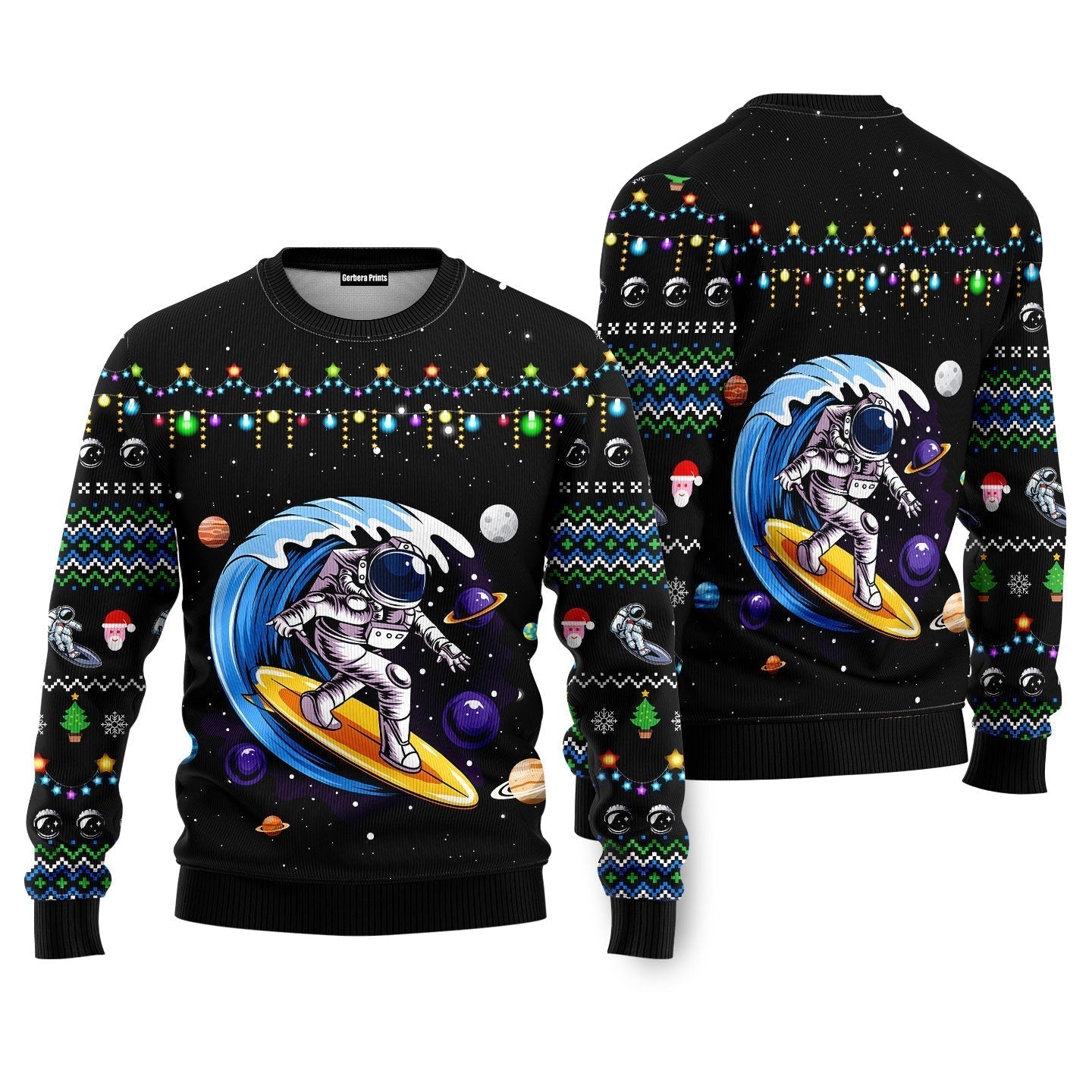 Astronauts Surf On A Surfboard In Space Ugly Christmas Sweater - WeCustomit