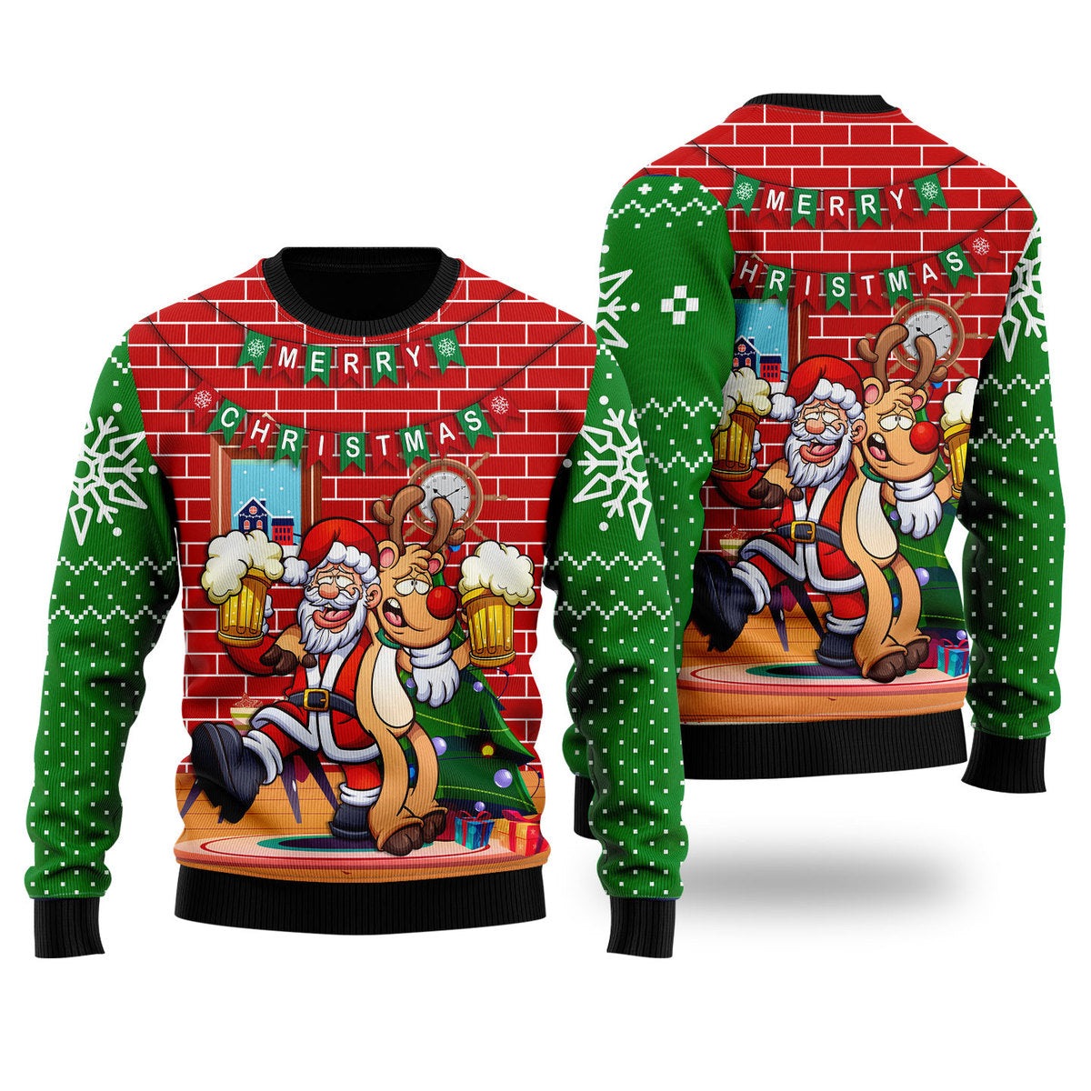 Santa Drink Beer With Reindeer Funny Ugly Christmas Sweater - WeCustomit