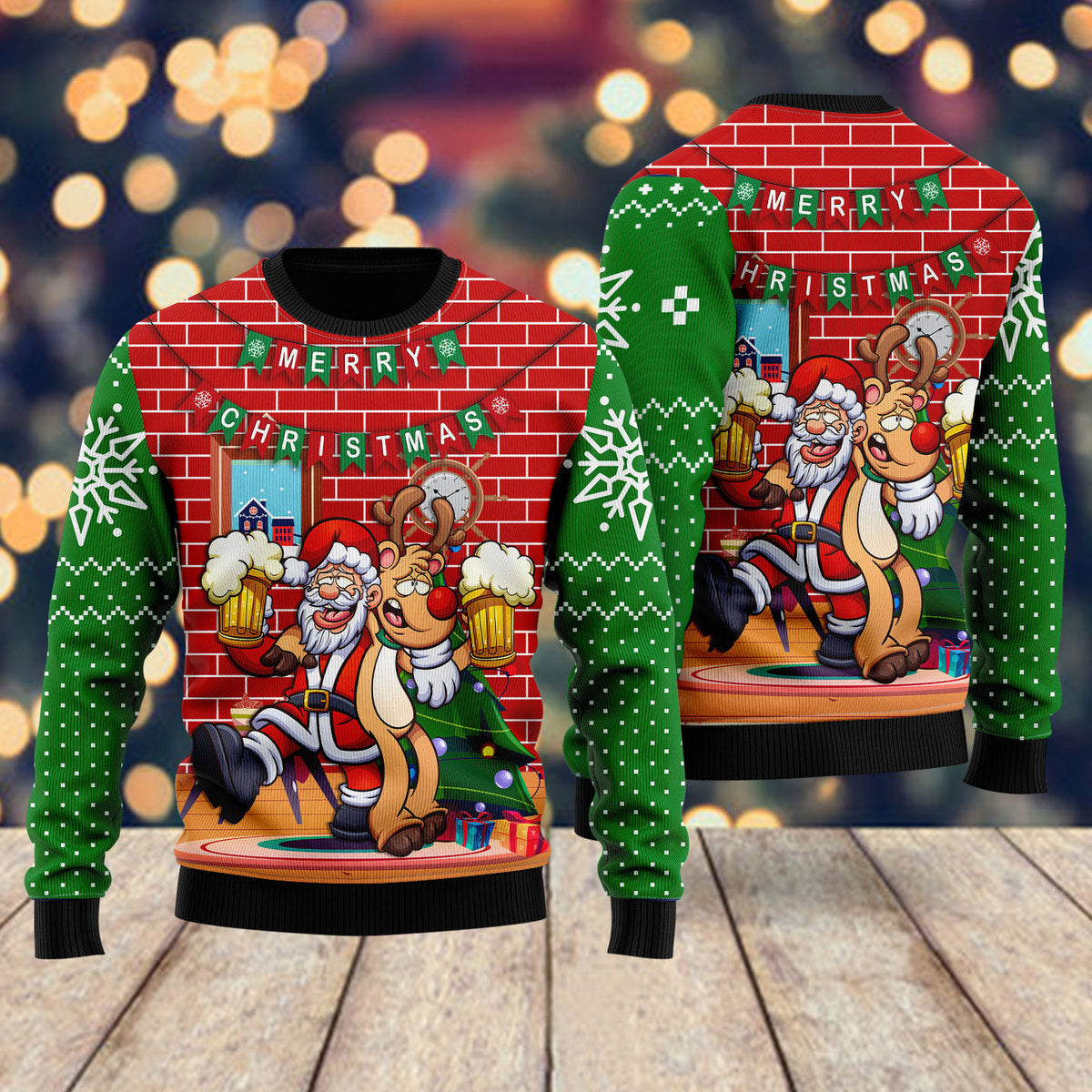 Santa Drink Beer With Reindeer Funny Ugly Christmas Sweater - WeCustomit