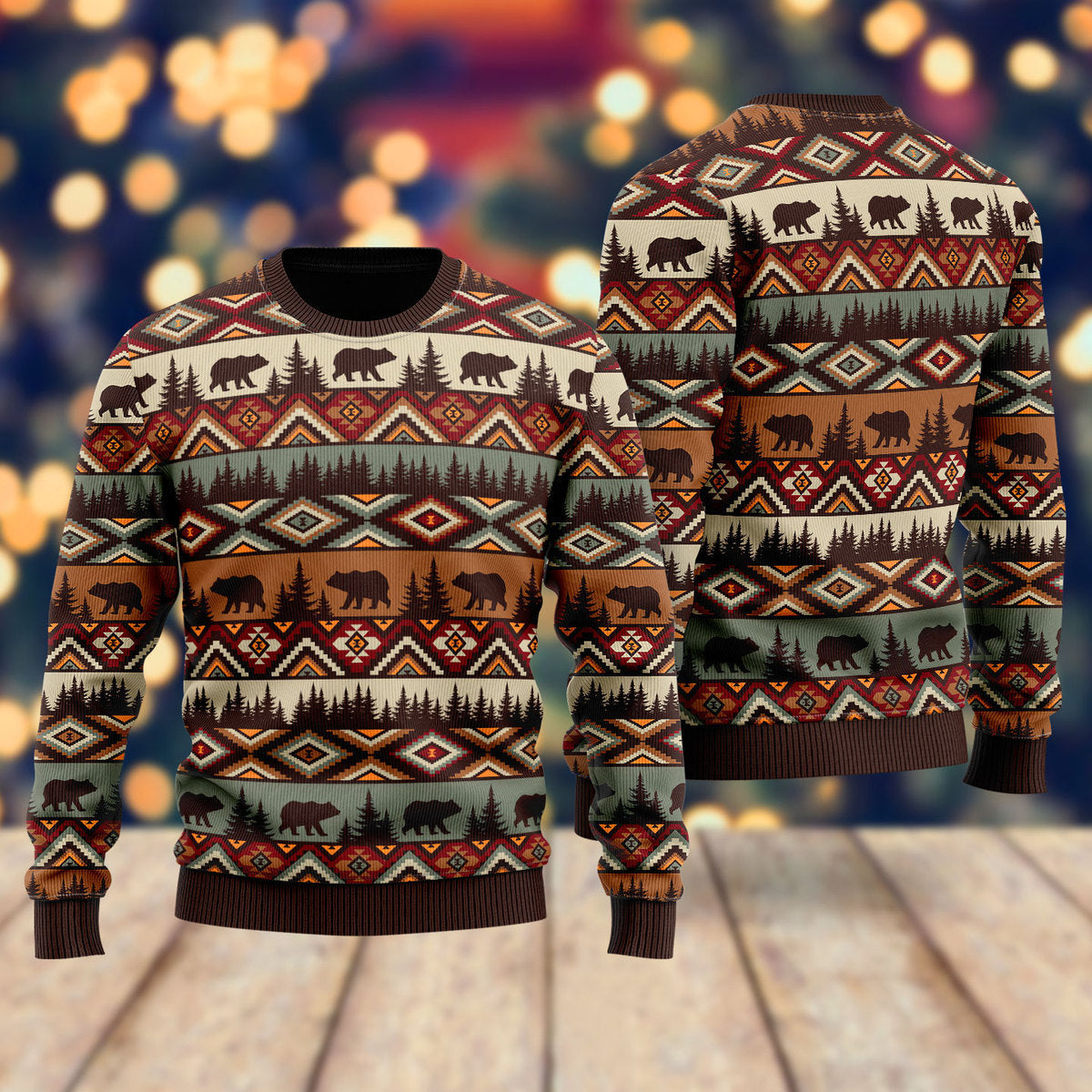 Brown Tribal Bear And Fir Tree Pattern Ugly Christmas Sweater - WeCustomit
