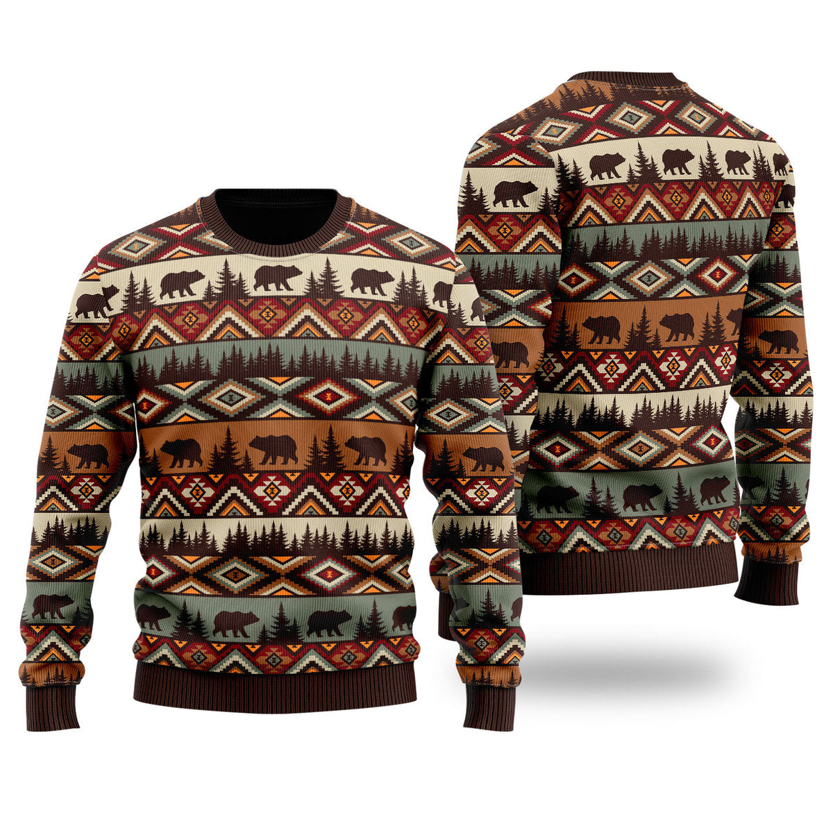 Brown Tribal Bear And Fir Tree Pattern Ugly Christmas Sweater - WeCustomit