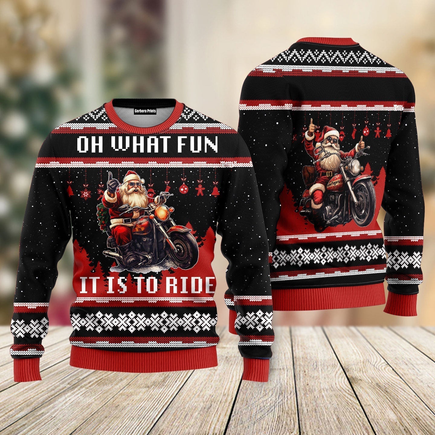 Oh What Fun It Is To Ride Santa Drive Motorbike Christmas Sweater - WeCustomit