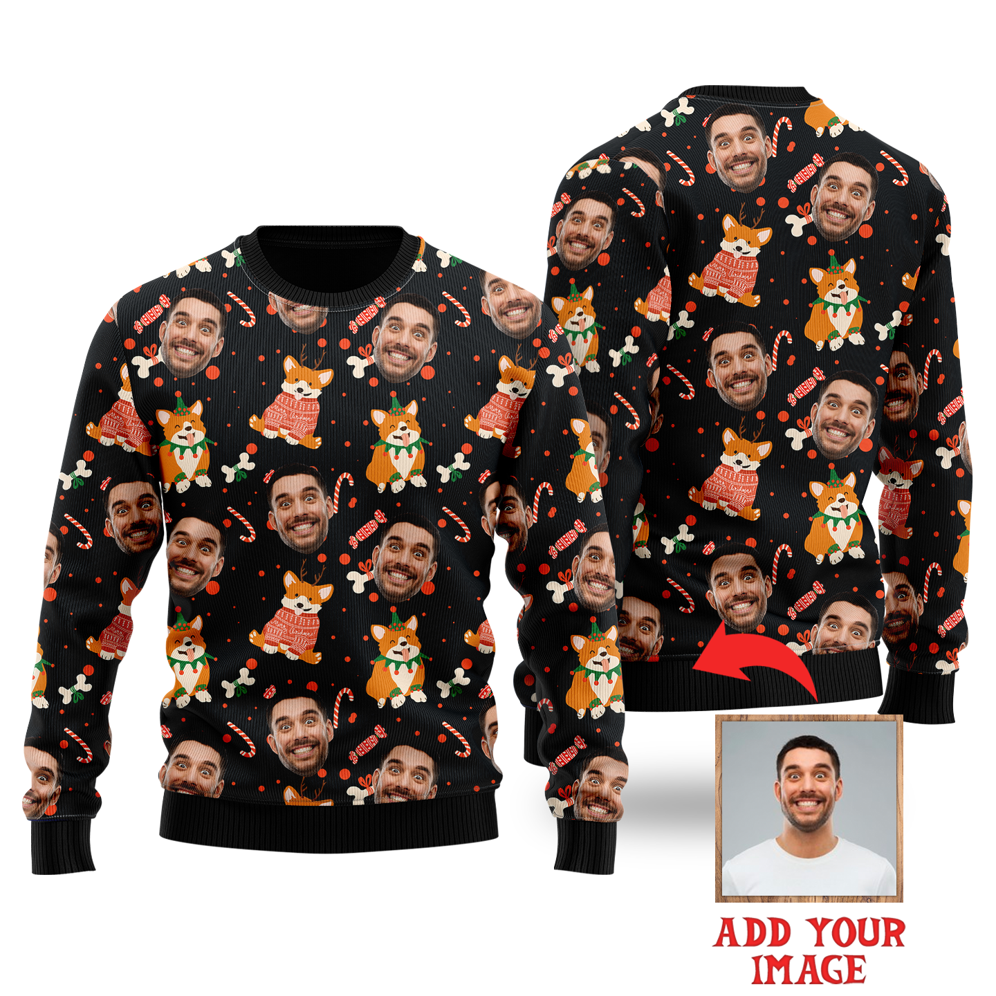 Funny Costume Face On Xmas Corgi Custom Photo Christmas Sweater - WeCustomit