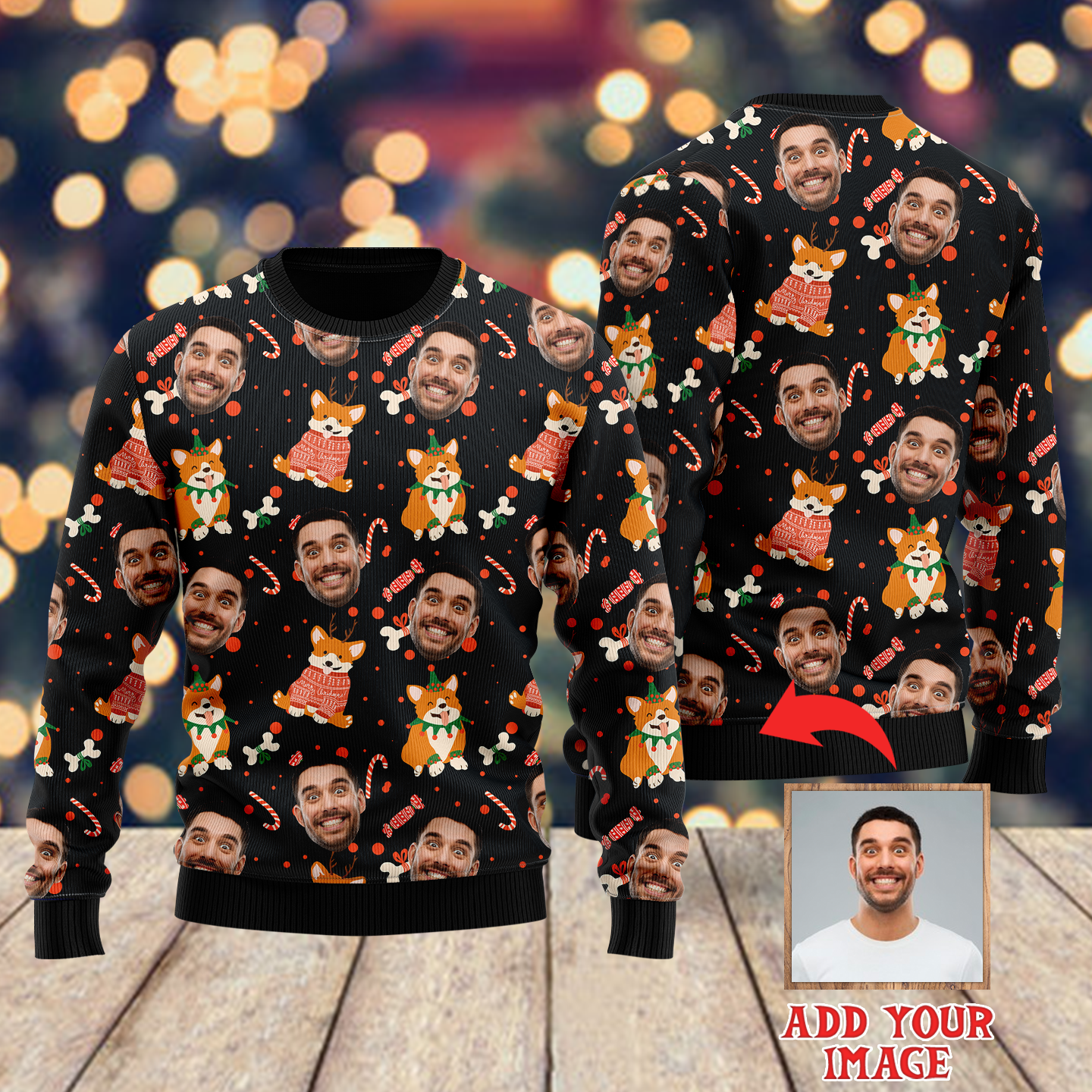 Funny Costume Face On Xmas Corgi Custom Photo Christmas Sweater - WeCustomit