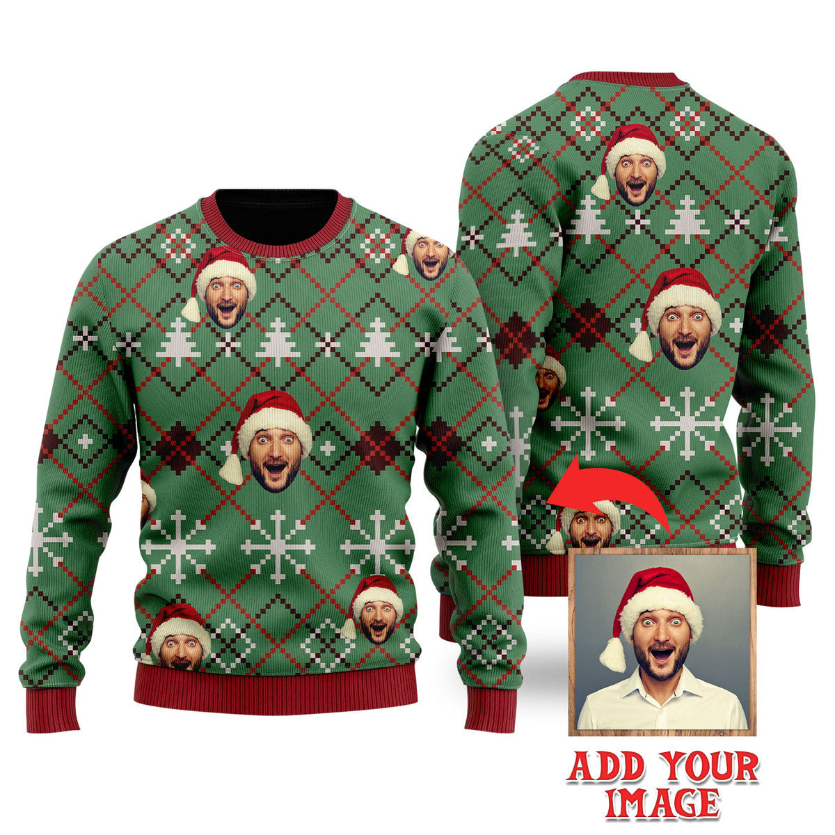 Custom Funny Face In Christmas Green Custom Christmas Sweater - WeCustomit