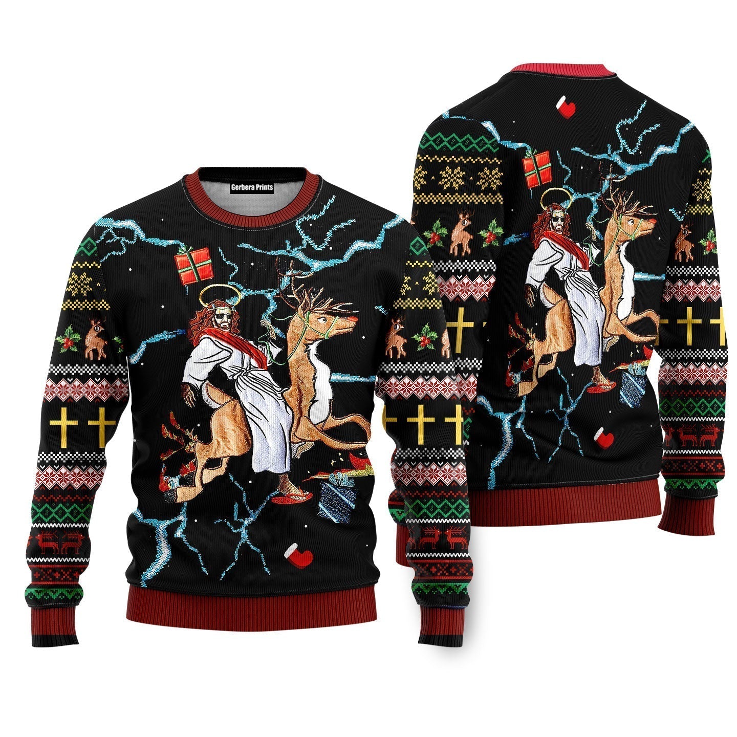 Christian Riding Reindeer Black Ugly Christmas Sweater - WeCustomit