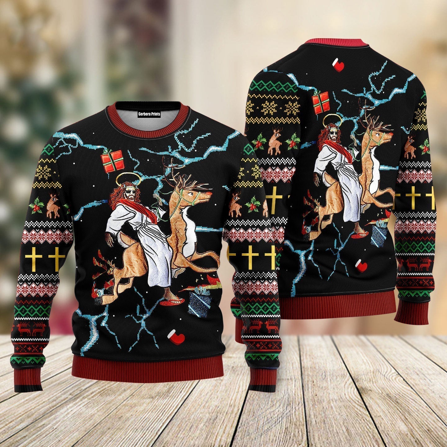 Christian Riding Reindeer Black Ugly Christmas Sweater - WeCustomit