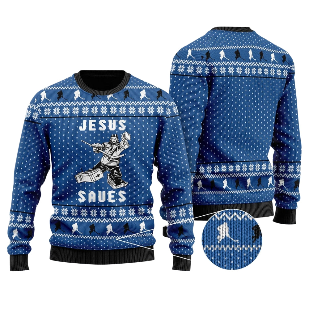 Hockey Jesus Saves Christmas Ugly Christmas Sweater For Men & Women Christmas Gift Sweater US2109 - WeCustomit