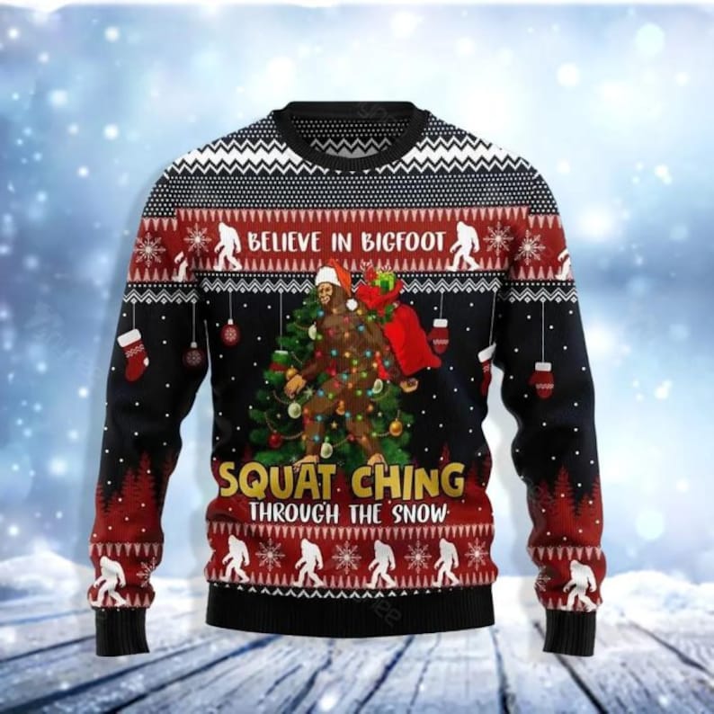 Believe In Bigfoot Squatching Through Snow Ugly Christmas Sweater For Men & Women Christmas Gift Sweater US2409 - WeCustomit