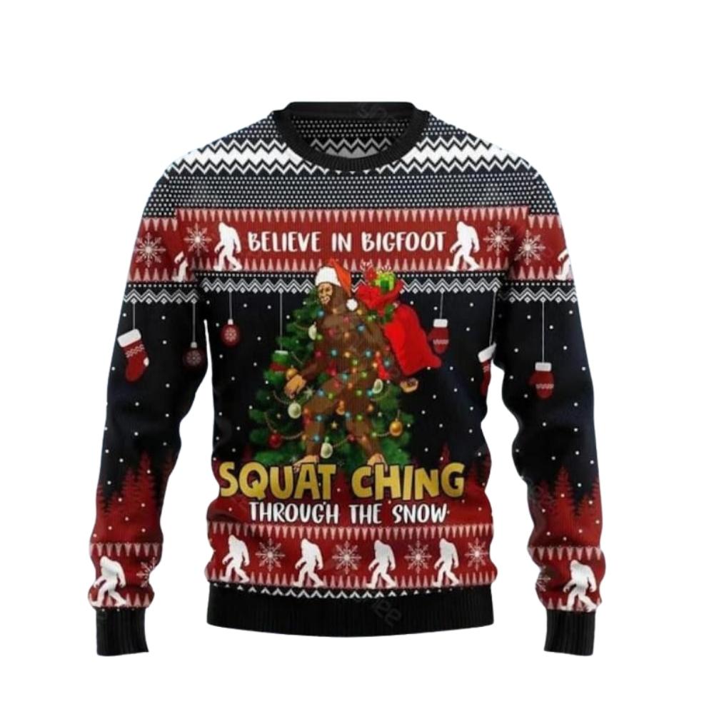 Believe In Bigfoot Squatching Through Snow Ugly Christmas Sweater For Men & Women Christmas Gift Sweater US2409 - WeCustomit