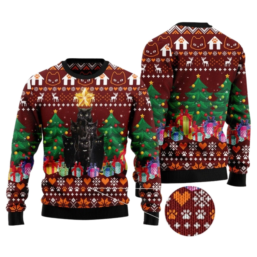 Black Cat Pine Tree Ugly Christmas Sweater For Men & Women Christmas Gift Sweater US2425 - WeCustomit