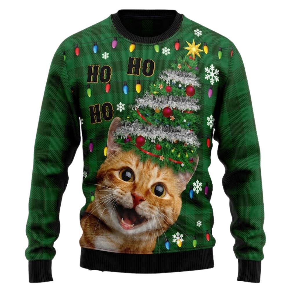 Ho Ho Ho Cat Face Christmas Ugly Christmas Sweater For Men & Women Christmas Gift Sweater US2440 - WeCustomit