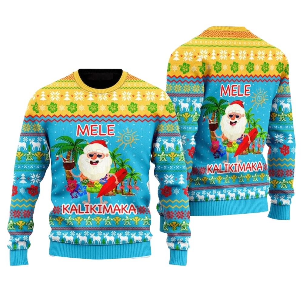 Hawaiian Santa Mele Kalikimaka Ugly Christmas Sweater For Men & Women Christmas Gift Sweater US2622 - WeCustomit