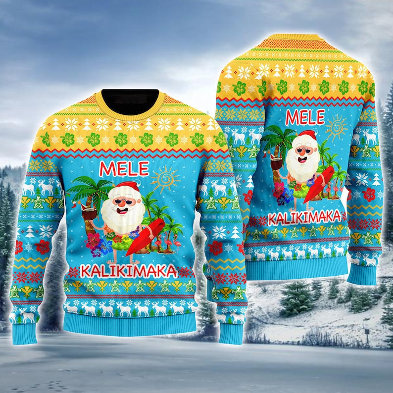Hawaiian Santa Mele Kalikimaka Ugly Christmas Sweater For Men & Women Christmas Gift Sweater US2622 - WeCustomit