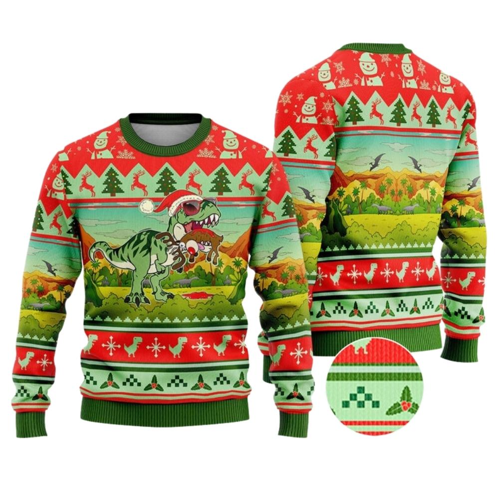 T-Rex Eating Reindeer Jumper Ugly Christmas Sweater For Men & Women Christmas Gift Sweater US2643 - WeCustomit