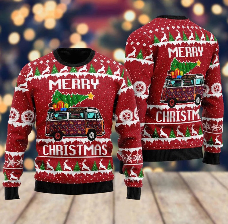 Hippie Car Merry Christmas Ugly Christmas Sweater For Men & Women Christmas Gift Sweater US2697 - WeCustomit