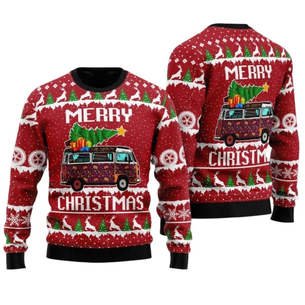 Hippie Car Merry Christmas Ugly Christmas Sweater For Men & Women Christmas Gift Sweater US2697 - WeCustomit