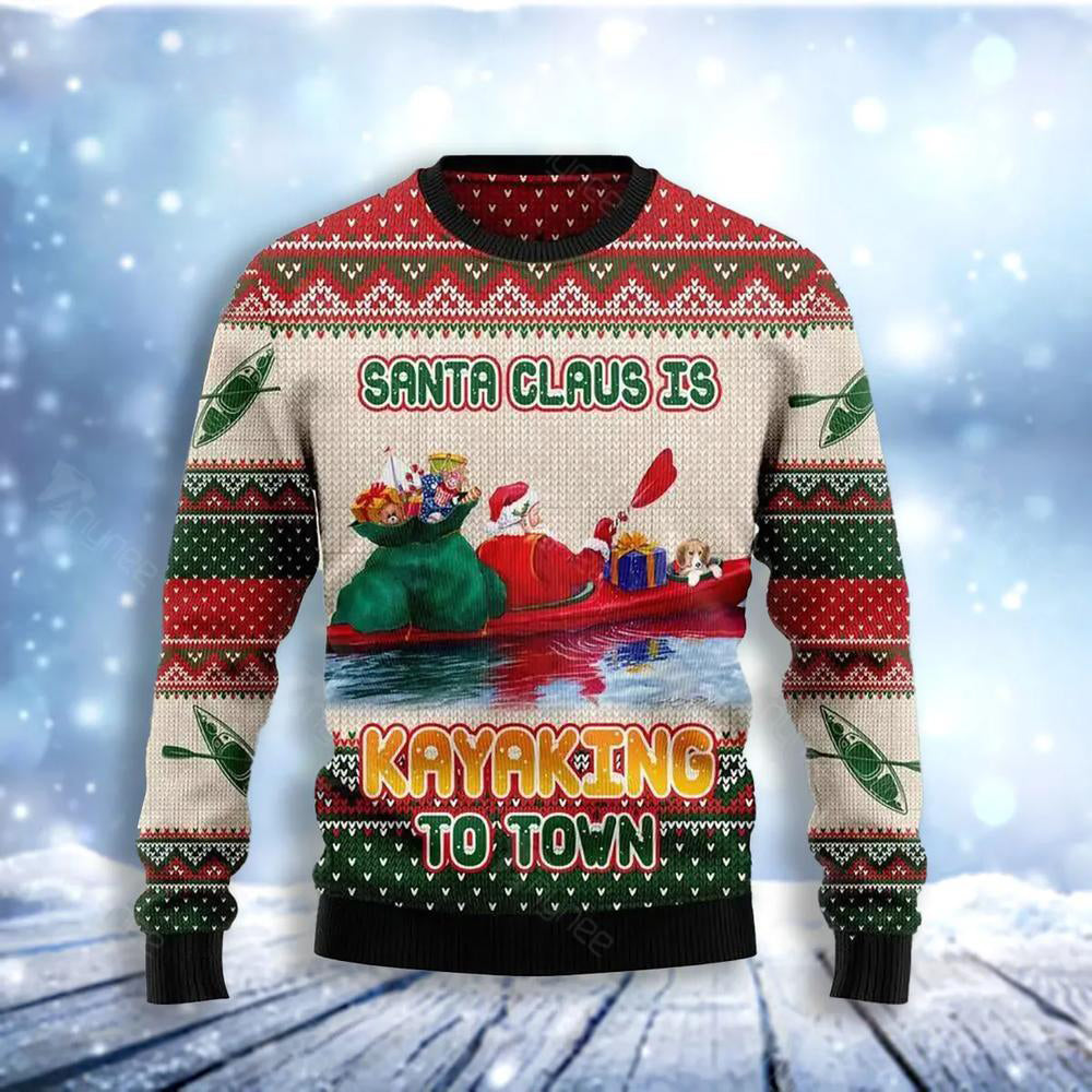 Santa Claus Is Kayaking To Town Ugly Christmas Sweater For Men & Women Christmas Gift Sweater US3054 - WeCustomit