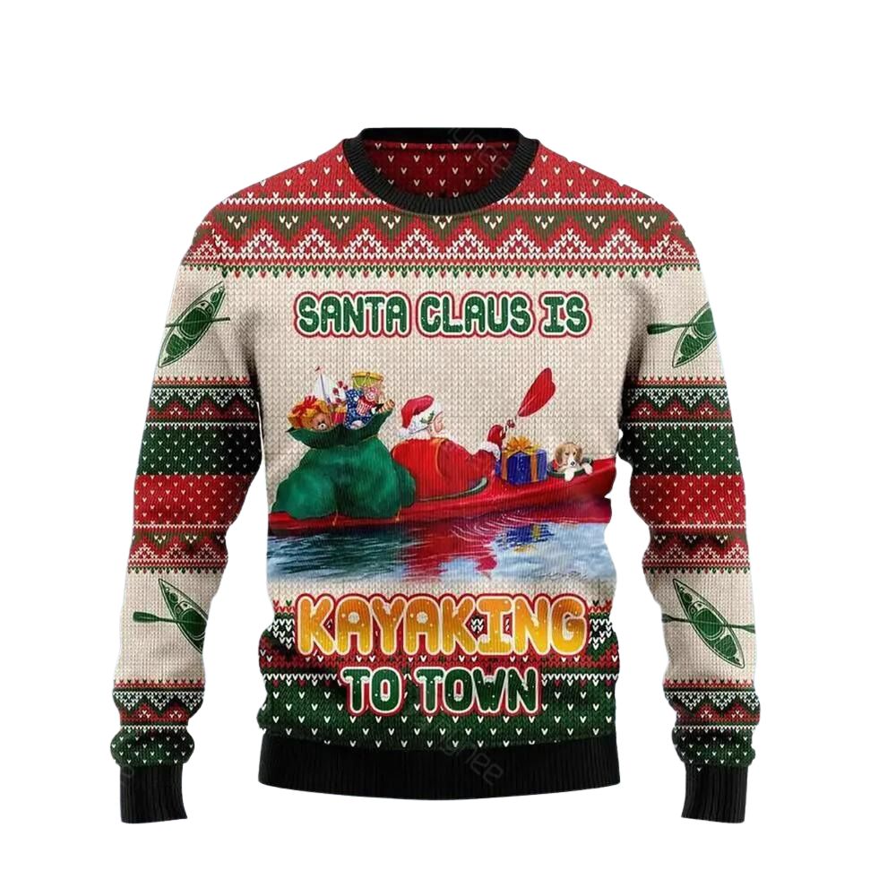 Santa Claus Is Kayaking To Town Ugly Christmas Sweater For Men & Women Christmas Gift Sweater US3054 - WeCustomit